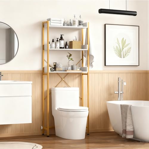 Giantex Over The Toilet Storage Shelf, 3-Tier Freestanding Space Saver Above Toilet with 4 Hooks, Adjustable Bottom Bar, Over Toilet Bathroom Organizer for Restroom, Laundry, Easy Assembly - color: White + Gold