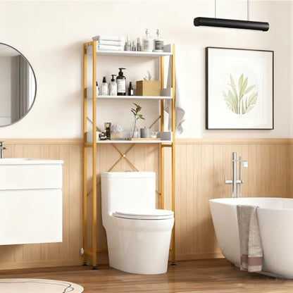 Giantex Over The Toilet Storage Shelf, 3-Tier Freestanding Space Saver Above Toilet with 4 Hooks, Adjustable Bottom Bar, Over Toilet Bathroom Organizer for Restroom, Laundry, Easy Assembly - color: White + Gold