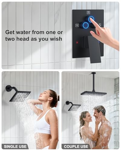 KOJOX Matte Black Dual Shower Head System – 11" Ceiling Rainfall + 6" Wall Mount Heads, 6-Mode Handheld Spray, Push-Button Diverter Faucet Set - color: Matte Black, size: 6''+11''