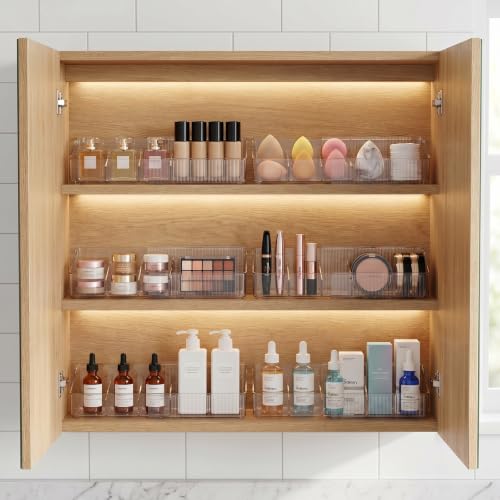 JessLab Expandable Mirror Cabinet Organizer, Clear Adjustable Makeup Bin with Dividers, Skincare Storage, Cosmetic Display Case for Bathroom Vanity Drawer, 2 Pack