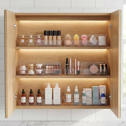 JessLab Expandable Mirror Cabinet Organizer, Clear Adjustable Makeup Bin with Dividers, Skincare Storage, Cosmetic Display Case for Bathroom Vanity Drawer, 2 Pack