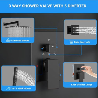 Matte Black Shower System with Body Jets, STARBATH 12 Inch Rainfall Shower and Handheld Spray, Wall Mounted Full Body Shower System Rough-in Mixer Pressure Balance Valve Shower Faucet Set Complete - color: Matte Black, size: 12"-03