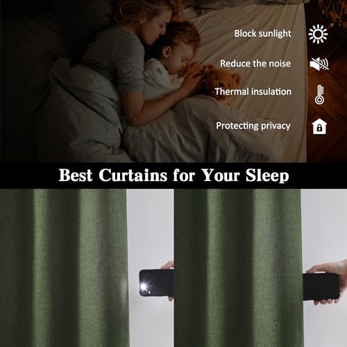 RAIN CITY Dark Olive Green Blackout Curtains Linen 63 Inches Long 2 Panels Set, Back Tab Pleated Look Thermal Insulated Curtains & Drapes for Living Room - Loden/Olive Forest W50 x L63 | Back Tab Thermal Insulated Linen Light Blocking Curtains & Drapes fo