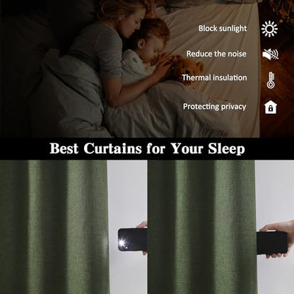 RAIN CITY Dark Olive Green Blackout Curtains Linen 63 Inches Long 2 Panels Set, Back Tab Pleated Look Thermal Insulated Curtains & Drapes for Living Room - Loden/Olive Forest W50 x L63 | Back Tab Thermal Insulated Linen Light Blocking Curtains & Drapes fo