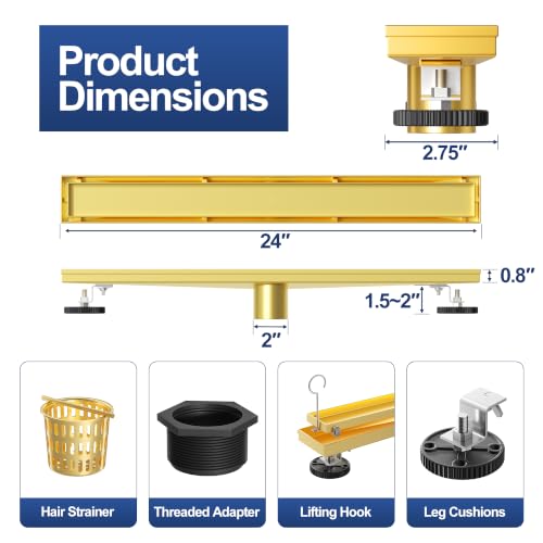 Neodrain 24-Inch Gold Linear Shower Drain Tile-in Cover Hidden Linear Drain | Brushed Gold 24" Shower Floor Drain 304 Stainless Steel Trench Drain Easy to Clean & Hair Catcher, Bathroom drain - color: Gold, size: 24 IN