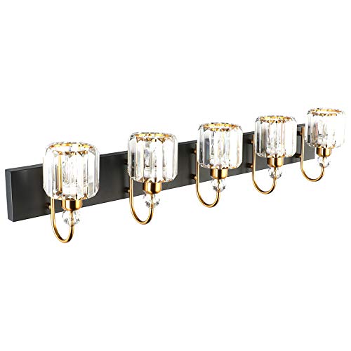 Ralbay Modern LED Bathroom Vanity Lights 5-Lights Crystal Vanity Lights Over Mirror Modern Black Bathroom Vanity Lighting Fixtures - color: Round-Black+Gold, size: 5-light