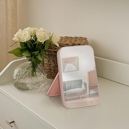 2Pcs Table Desk Vanity 8-Inch Makeup Mirror, Simple Portable Travel Mirror with Stand, Standing and Wall Hanging Dual-use Pink - color: 2pcs-pink