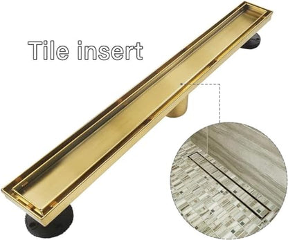 Neodrain 60" Gold Linear Shower Drain,2-in-1 Flat& Tile Insert Cover | 304 Stainless Steel,Fast Drainage, Durable,Rectangle Shower Floor Drain with Adjustable Feet,Hair Strainer,Fits Bathrooms - color: Golden, size: 60 In