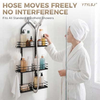 3-Tier Hanging Shower Caddy, Stainless Steel with Dual Clamp, Matte Black | Heavy-duty stainless steel, adjustable shelves for large families, Rustproof, tool-free install, Fits handheld showerheads - color: 3 Tier-Black