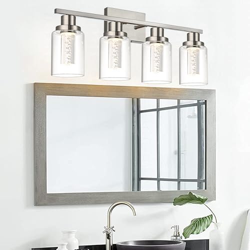 MELUCEE 4-Light LED Bathroom Lighting Fixtures Brushed Nickel,3000K-6000K | Dimmable LED Vanity Light for Bathroom Bathroom Wall Lights with Crystal Bubble Clear Glass Shade, Built-In LED Chips - color: Brushed Nickel, size: LED-4 Lights