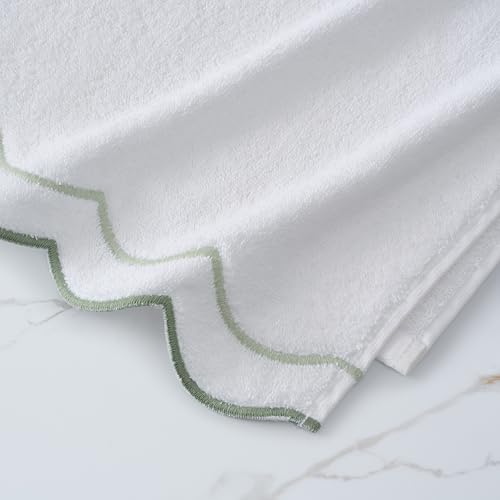 Peri Home 2 Piece Cotton Bath Towel Set, Embroidered, White, Sage Scallop - color: White With Sage Scallop, size: 2 Bath Towel