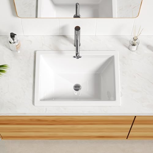 Enbol 20.6" x 14.5" Drop in Bathroom Sink Rectangule Vessel Sink Self-rimming Top Mount Bathroom Sink White Ceramic Lavatory Vanity with Overflow O2014-1 - style: 20.6" X 14.5"