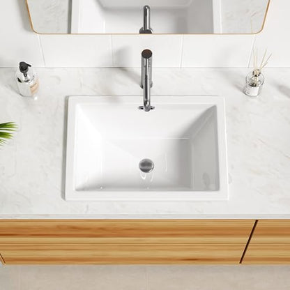 Enbol 20.6" x 14.5" Drop in Bathroom Sink Rectangule Vessel Sink Self-rimming Top Mount Bathroom Sink White Ceramic Lavatory Vanity with Overflow O2014-1 - style: 20.6" X 14.5"