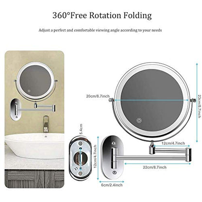 8'' Wall Mounted Makeup Mirror Black USB Rechargeable Double Sided with 3 Tones LED Lights 1x/5x Magnifying Bathroom Mirror for Shaving Extendable Arm Touch Control1X/5X