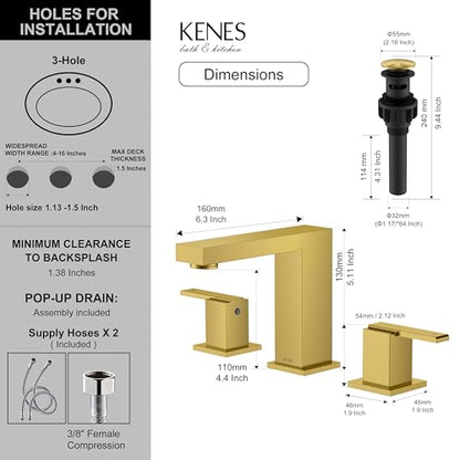 Brushed Gold Widespread Bathroom Faucet 3 Hole Vanity Faucet 2 Handle | Bathroom Sink Faucet with Pop Up Drain & Supply Lines, Lead-Free cUPC & NSF Certified, 8 Inch Faucet for Vanity Restroom Sink - color: Brushed Gold