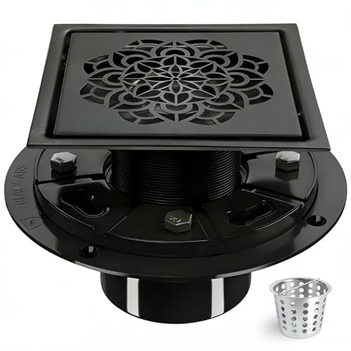 6 Inch Shower Drain, Square Shower Floor Drain Kit with Flange and Removable Cover Grate, AISI 304 Stainless Steel, Matte Black - color: Matte Black, size: 6 inches