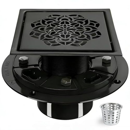 6 Inch Shower Drain, Square Shower Floor Drain Kit with Flange and Removable Cover Grate, AISI 304 Stainless Steel, Matte Black - color: Matte Black, size: 6 inches