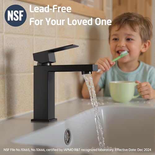 KES Black Bathroom Faucet Single Handle & Bathroom Sink Drain with Overflow, cUPC Certified Vanity Faucet with Pop Up Drain Stopper Stainless Steel Matte Black, L3156ALFF12-BK-C2 - color: Black, style: w/ Drain (WITH Overflow) - Short Faucet