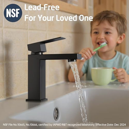 KES Black Bathroom Faucet Single Handle & Bathroom Sink Drain with Overflow, cUPC Certified Vanity Faucet with Pop Up Drain Stopper Stainless Steel Matte Black, L3156ALFF12-BK-C2 - color: Black, style: w/ Drain (WITH Overflow) - Short Faucet