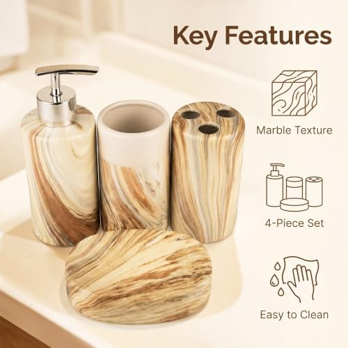 Ceramic Bathroom Accessories Set of 4, Marble Wood Grain Bathroom Vanity Set,Soap Dispenser, Toothbrush Holder, Tumbler & Soap Dish Modern Bathroom Organizer - color: Round Beige