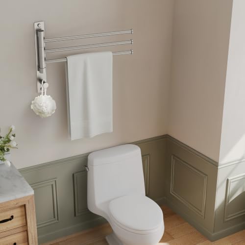 Swivel Towel Rack, Brushed Nickel, 12.5 in, 3-Arm Towel Bar | 304 Stainless Steel, Space Saving, Wall Mounted, With Hook - color: Brushed Nickel