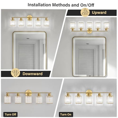 5 Light Bathroom Light Fixtures, Modern Crystal Vanity Lights over Mirror | Metal Frame, Bathroom Light with Square Crystal Shade, ETL Certified, E26 Ceramic Socket, Bulbs Not Included - color: Gold, size: 5-Light