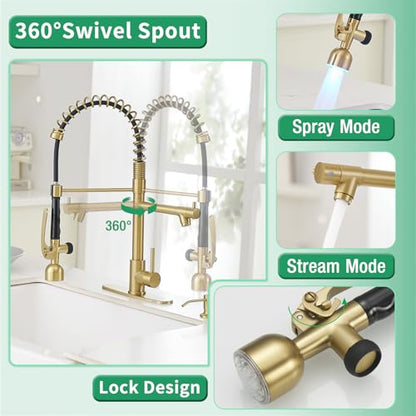 Fapully Commercial Kitchen Faucets with Pull Down Sprayer Brushed Gold LED | Single Handle Faucet for Kitchen Sink, Kitchen Faucet with Soap Dispenser and Deck Plack for 4 Hole - color: Brushed Gold, style: Rustic