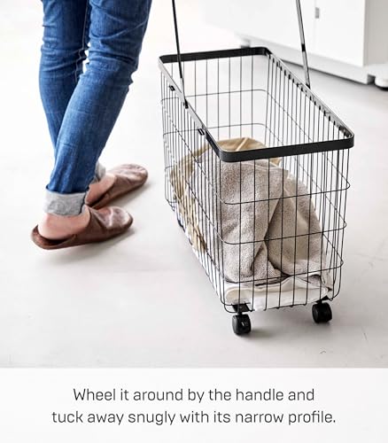 Yamazaki Home Tower Small Rolling Laundry Basket Metal Hamper Cart With Wheels And Handle, 14.8" - Steel - 9.8 Gallons, 35 Liters | Small metal laundry hamper cart features smooth-rolling wheels and a convenient built-in handle. Suits modern home storage.