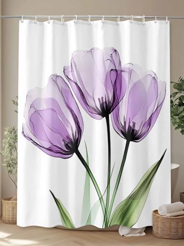 Waterproof Fabric Shower Curtain Purple Tulip Abstract Flower Shower Curtains for Bathroom, Quick-Drying, Machine Washable 72x72 Inch - color: Purple Green, size: 72"W x 72"L (Pack of 1)