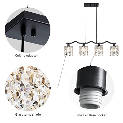 WUZUPS Crystal Chandelier 4-Light Linear Raindrop Pendant Ceiling Light Modern Lighting Fixture for Bedroom Dinning Room Bar Kitchen Island, H8.7'' W4.7'' L30.5, E12 Base, Black - color: Black Pendnat Light