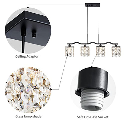 WUZUPS Crystal Chandelier 4-Light Linear Raindrop Pendant Ceiling Light Modern Lighting Fixture for Bedroom Dinning Room Bar Kitchen Island, H8.7'' W4.7'' L30.5, E12 Base, Black - color: Black Pendnat Light