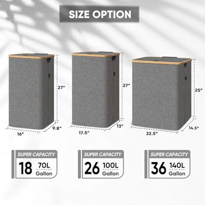 BALEINE Laundry Hamper with Lid, Tall Laundry Baskets with Bamboo Pull Handles, Large Laundry Bin with Internal Support (36 Gal/140L, Grey) - color: Grey, size: 140 liters