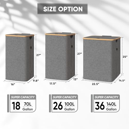 BALEINE Laundry Hamper with Lid, Tall Laundry Baskets with Bamboo Pull Handles, Large Laundry Bin with Internal Support (18 Gal/70L, Grey) - color: Grey, size: 70 liters