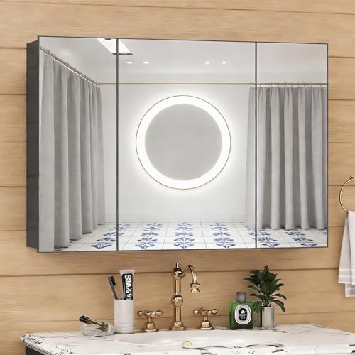 28x40 Inch Bathroom Medicine Cabinet with Mirror, Pre-Assembled Bathroom Medicine Cabinets, Surface/Recessed Wall Mounted Farmhouse Large Medicine Cabinet, Black - color: Black, size: 40 x 28