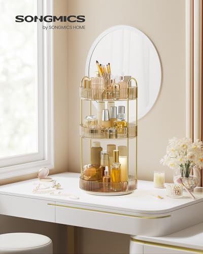 SONGMICS Makeup Organizer, 3-Tier Countertop, Customizable | Customizable skincare organizer countertop, round rotating, toiletries vanity organizer, lazy susan, gift UJKA011A01 - color: Champagne Gold, style: Round