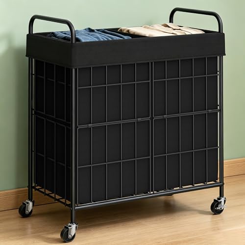 100L 2-Section Laundry Hamper with Wheels, Laundry Basket with Liner Bag | Lockable Casters; Divided Removable Liner; Reinforced Steel Frame; Metal Handle - color: Black, size: 100L-2 Sections