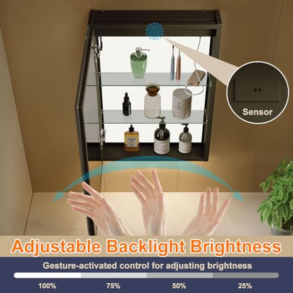 20x28 Inch Aluminum LED Bathroom Mirror Cabinet with Backlit Panel | Light Adjustment, Anti-Fog, Sockets&USBs, High Capacity, Easy to Install - color: Inner Glow-left Hinge-20*28
