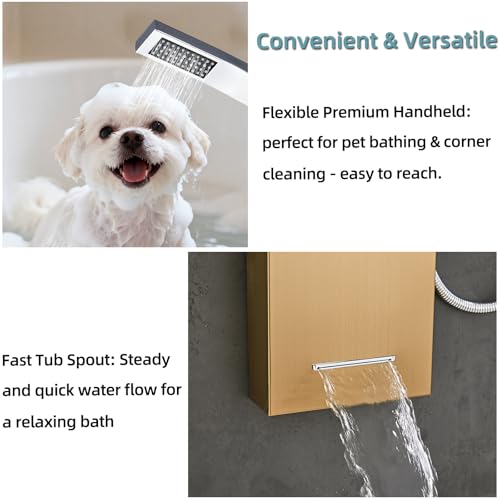 5-In-1Shower Panel Tower System-Brushed Gold | 304 stainless steel Shower Panel Column Tower With Powerful Body Jets,Body Spray,Rainfall,Waterfall,Handheld And Tub Spout - color: Gold
