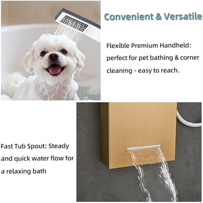 5-In-1Shower Panel Tower System-Brushed Gold | 304 stainless steel Shower Panel Column Tower With Powerful Body Jets,Body Spray,Rainfall,Waterfall,Handheld And Tub Spout - color: Gold