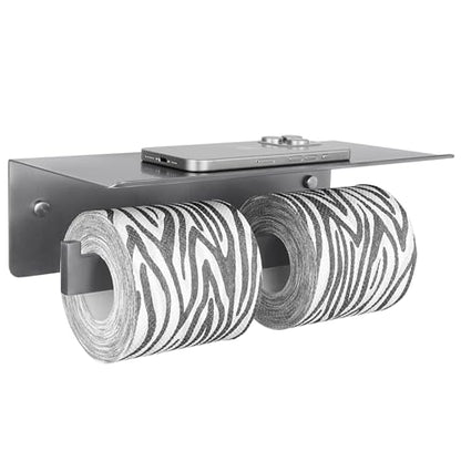Gunmetal Gray Double Toilet Paper Holder with Shelf, 304 Stainless Steel Bathroom Tissue Roll Holder, Wall Mounted Paper Dispenser for Bathroom Kitchen, Fits Mega Rolls - color: Gun Gray, size: Double Rod