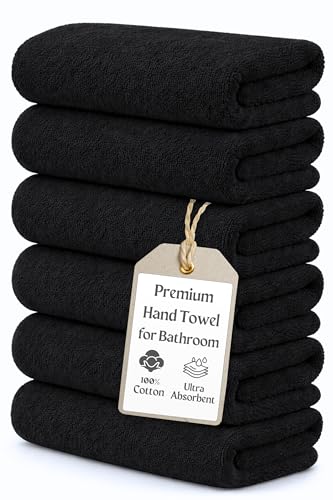 Set of 6 Luxurious Hand Towels for Bathroom, 16x28 inches, 100% Cotton, Ultra-Soft, Absorbent & Durable, 600GSM Bathroom Hand Towel - Ideal for Gym, Bath, Spa Use (Black, 6 Pack) - color: Black