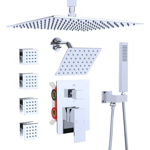 Enga Dual Shower Head Shower System with Body Jets, 12" Ceiling Mounted Rain Shower Head & 6" Wall Mounted Head Full Body Rainfall Shower Faucet with Valve Kit, Chrome - color: Chrome, style: Ceiling-12"+6"+Jets