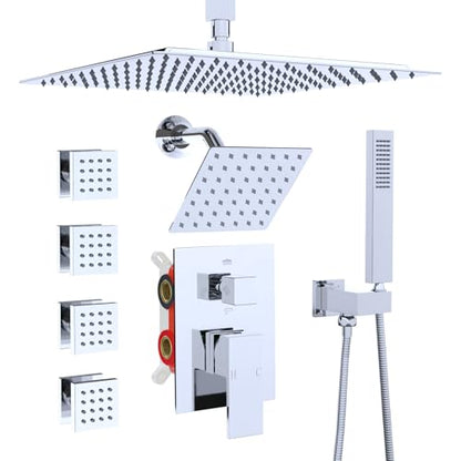 Enga Dual Shower Head Shower System with Body Jets, 12" Ceiling Mounted Rain Shower Head & 6" Wall Mounted Head Full Body Rainfall Shower Faucet with Valve Kit, Chrome - color: Chrome, style: Ceiling-12"+6"+Jets