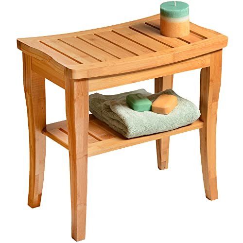 Bamboo Shower Bench - Wooden Shower Stool with Storage Shelf, Non Slip Seat | Fits Inside Tub or Sauna, Lower Ledge Holds Toiletries, Spa Decor Foot Rest and Leg Shaving Seat for Bathroom or Bedroom - color: Bamboo