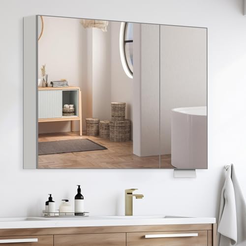 32 x 24 Silver Medicine Cabinet, Aluminum Mirror Medicine Cabinet for Bathroom, Pre-Assembled Recessed/Surface-Mounted Medicine Cabinet, Tempered Frameless Mirror - color: Silver, size: 32 x 24