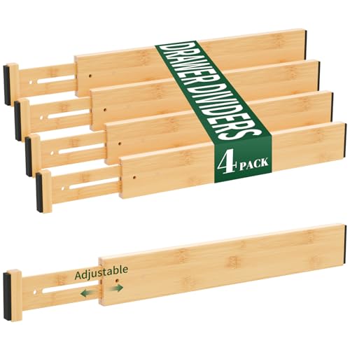 Dunruz Bamboo Drawer Dividers 2.6" High,17"-20" Adjustable Spring Loaded Clothes Drawer Organizers for Kitchen, Dresser, Bathroom, Bedroom and Office - size: 4 Pack 17-20"L