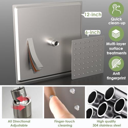Enga Dual Shower Head System with Body Jets, 12"+ 6" Wall Mounted Dual Rain Shower Faucet with Valve Kit, Brushed Nickel - color: Brushed Nickel, style: Wall-12"+6"+Jets