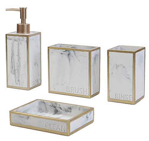 Hymmah Bathroom Accessories Set,Toothbrush Holder,Farmhouse Bathroom Decor,4 Pcs Resin Gift Set Apartment Necessities, Contain Toothbrush Cup,Soap Dispenser,Soap Dish,Tumbler - color: White Gold