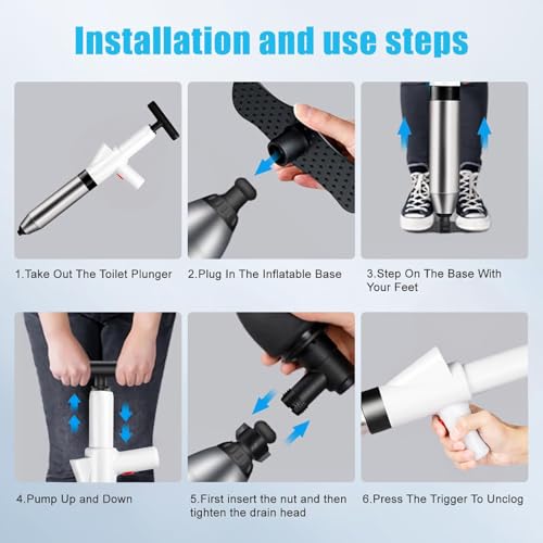 Fast Toilet Plunger High Pressure with Storage Bag, Heavy Duty Air Drain Blaster & Unclogger Tool, Clog Remover Kit & Toilet Snake Alternative for Bathroom, Toilets, Sinks, Tubs, Pipes (White) - size: Toilet plunger-White