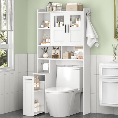ELYKEN Over The Toilet Storage Cabinet with Pulley Bathroom Storage Cabinet, Home Space-Saving Over Toilet Rack with Glass Doors & Open Adjustable Shelf for Bathroom, Restroom, Laundry, White - color: White